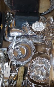 A collection of plated items, including pair of coasters, cutlery, a tureen, napkins etc